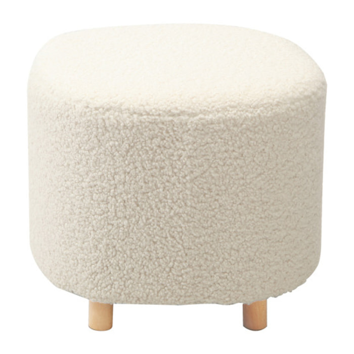 Pouf bouclette blanc en tissu imitation laine pieds en bois - BOUCLE