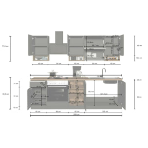 Cucina completa Dceccaron, Cucina pratica e salvaspazio, Parete da cucina con 8 ante e 1 cassetto, 100% Made in Italy, 255x60h85 cm, Bianco lucido e Ardesia