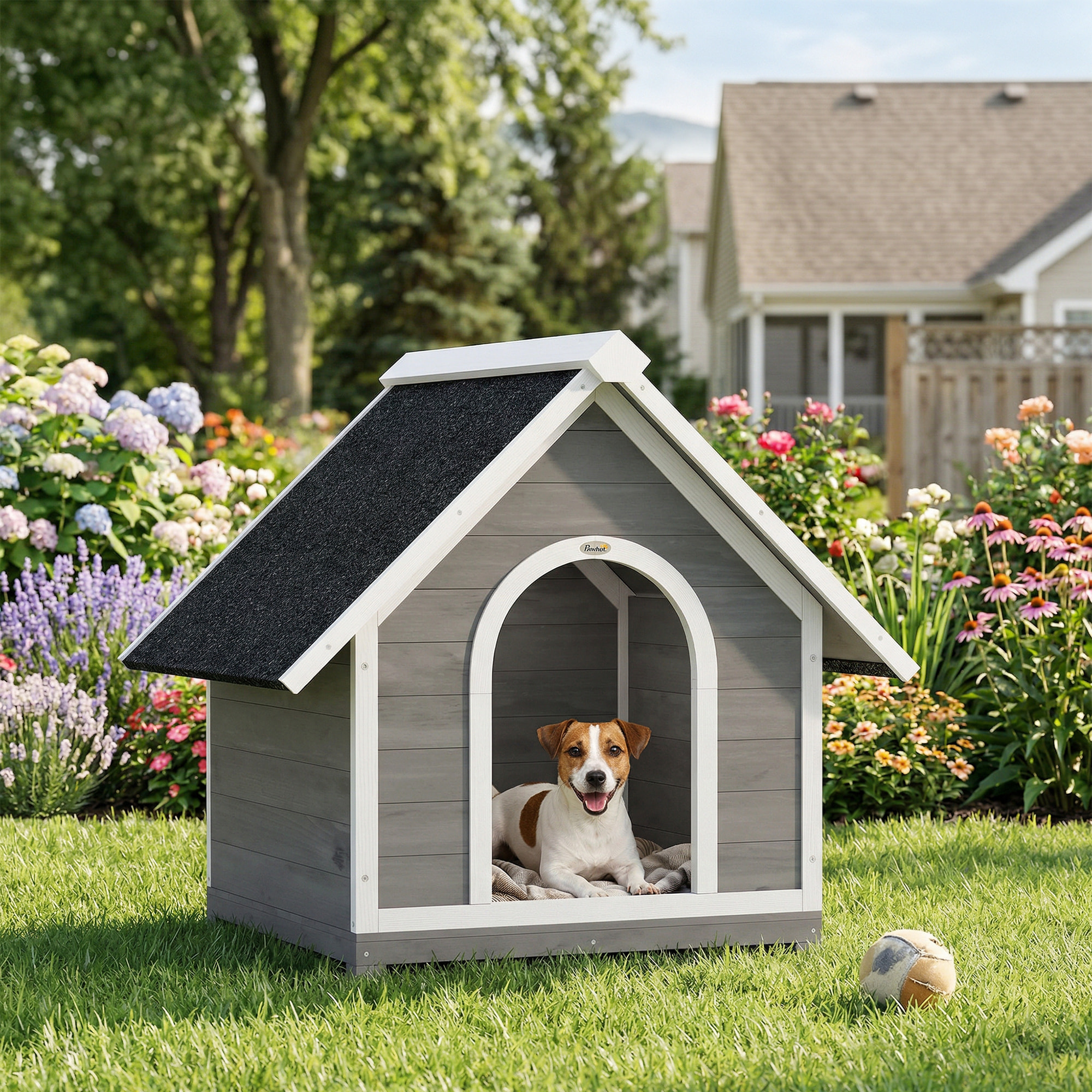 Niche pour chien bois gris blanc toit bitumé dim. 101x83x85cm