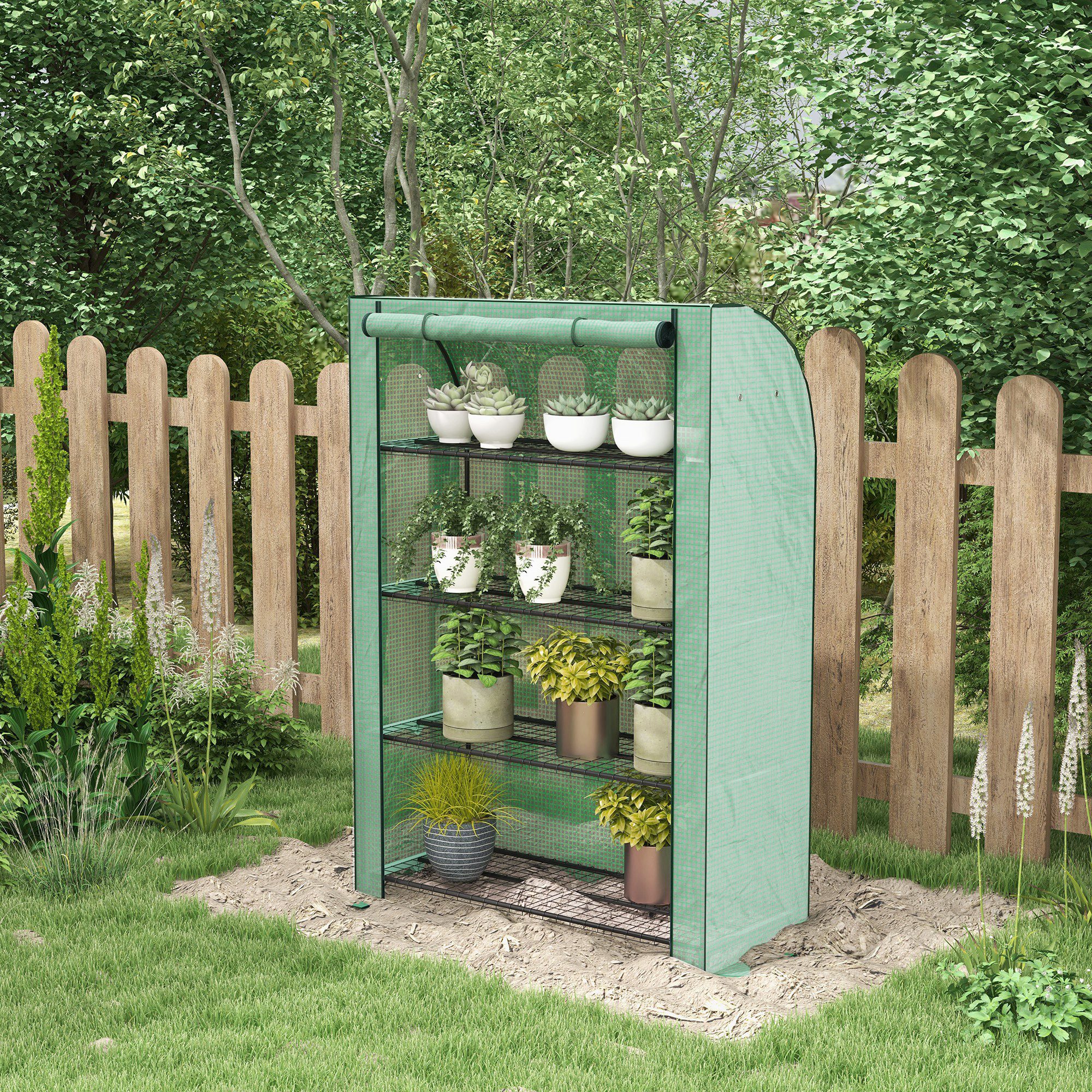 Mini serre de jardin serre de balcon serre à 4 étages avec châssis en acier & bâche en PE renforcée, intérieur et extérieur portable porte enroulable, 120 x 50 x 170 cm, vert