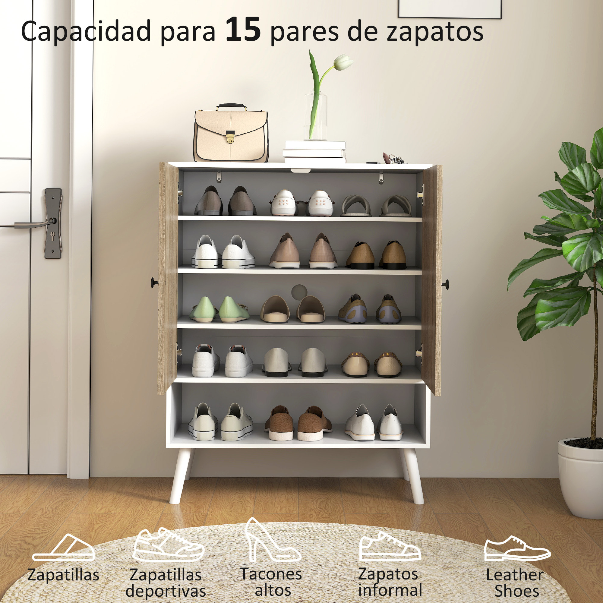 Zapatero de 2 Puertas con Diseño en Espiga, Zapatero Entrada Recibidor con Estantes Ajustables, Compartimento Abierto, para 15 Pares de Zapatos, 75x35x97 cm, Blanco y Natural