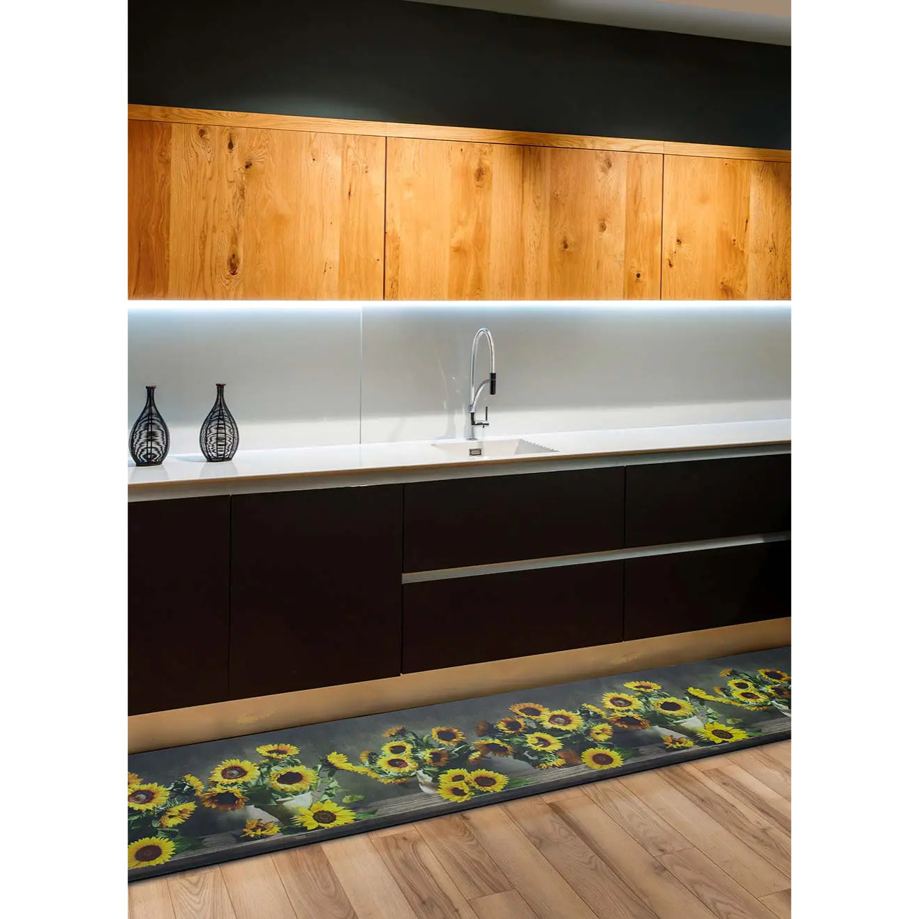 RICCI Alfombra vinílica de cocina diseño con flores en amarillo, varias medidas disponibles.