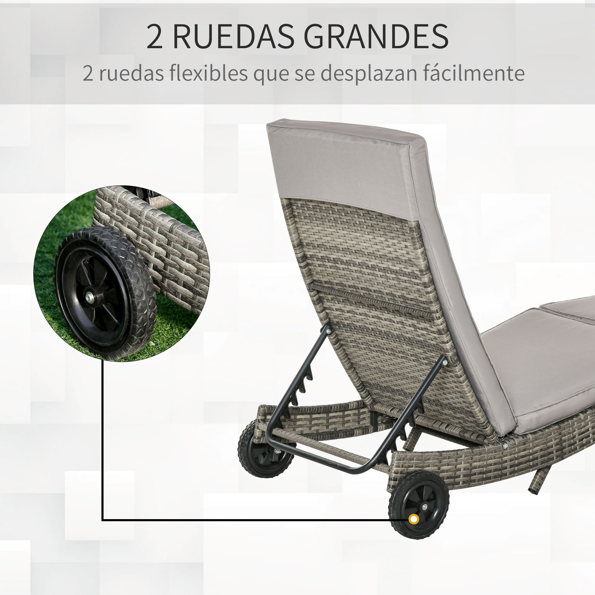 Tumbona de Ratán Reclinable Tumbona de Jardín en Forma de S con 2 Ruedas Respaldo Ajustable en 5 Posiciones y Cojín Extraíble para Patio Terraza 207x70x70 cm Gris Claro