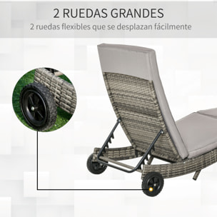 Tumbona de Ratán Reclinable Tumbona de Jardín en Forma de S con 2 Ruedas Respaldo Ajustable en 5 Posiciones y Cojín Extraíble para Patio Terraza 207x70x70 cm Gris Claro