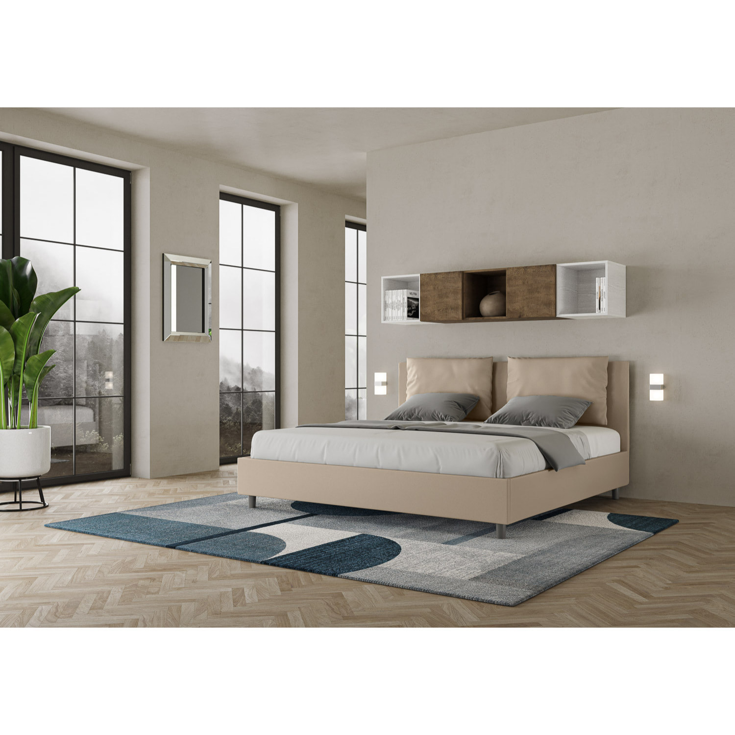 Lit king size avec sommier rembourrée 200x200 similicuir taupe Antea