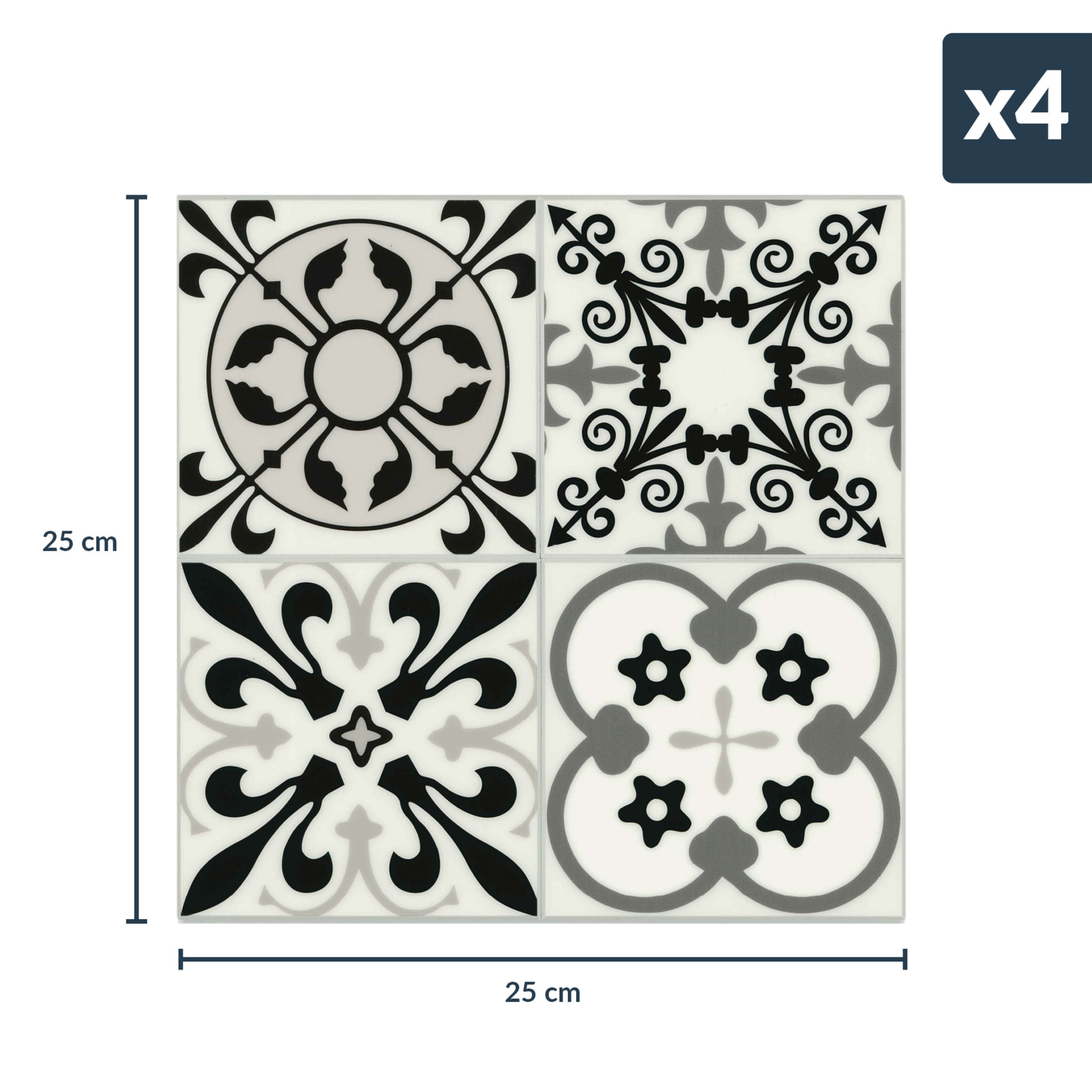 Crédence adhésive murale 3D motifs carreaux de ciment 4 pièces - Blanc