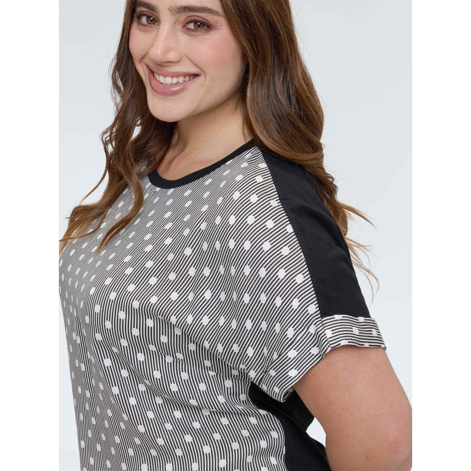 Fiorella Rubino - T-shirt bimaterica a righe e pois - Nero