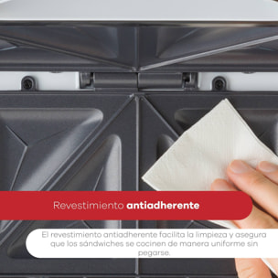 Sandwichera 750w revestimiento antiadherente, mango de tacto frío, termostato ajustable, protección contra sobrecalentamiento