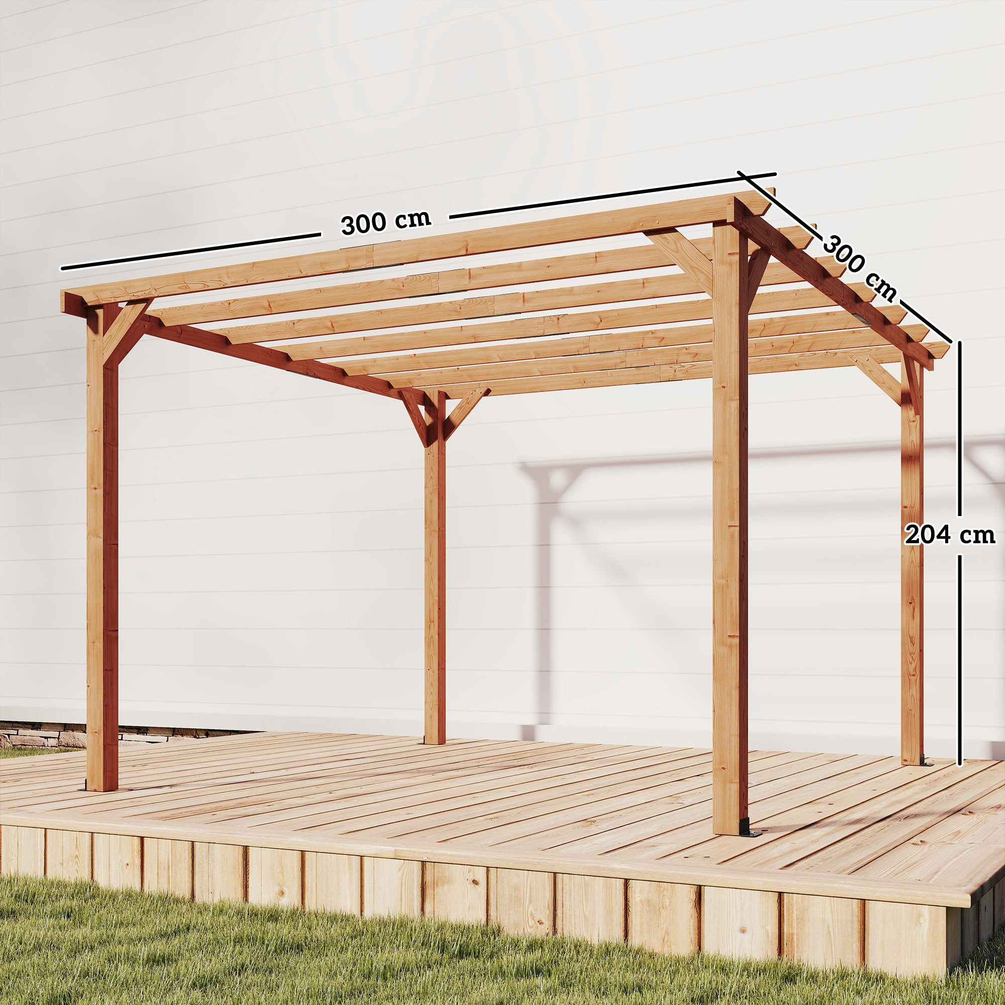 Pergola bois autoportante 9 m² - toit chevrons lattes espacées - bois verni