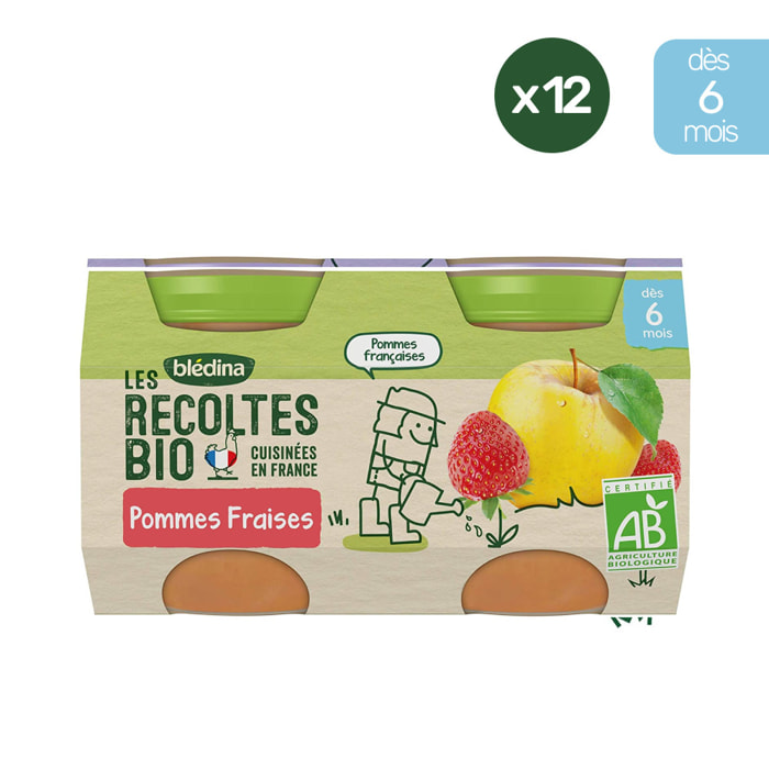 24 Petits Pots Pommes, Fraises 12x(2x130g) - Les Récoltes Bio Dès 6 Mois