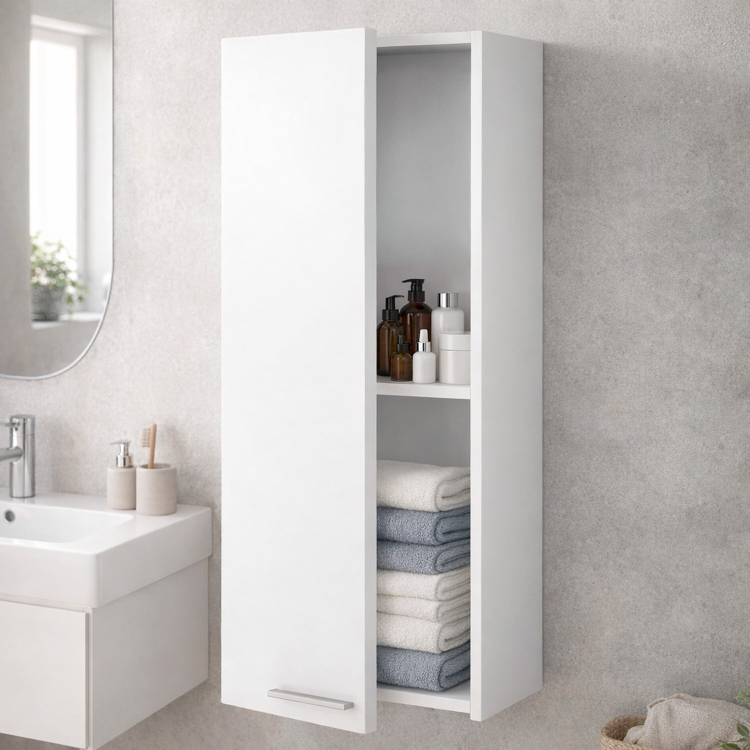 Pensile Da Bagno Sospeso Con 1 Anta E Ripiano Regolabile Mobile Armadietto Moderno Scaffale Salvaspazio In Melamina 85 x 30 x 25 Cm Bianco Lucido