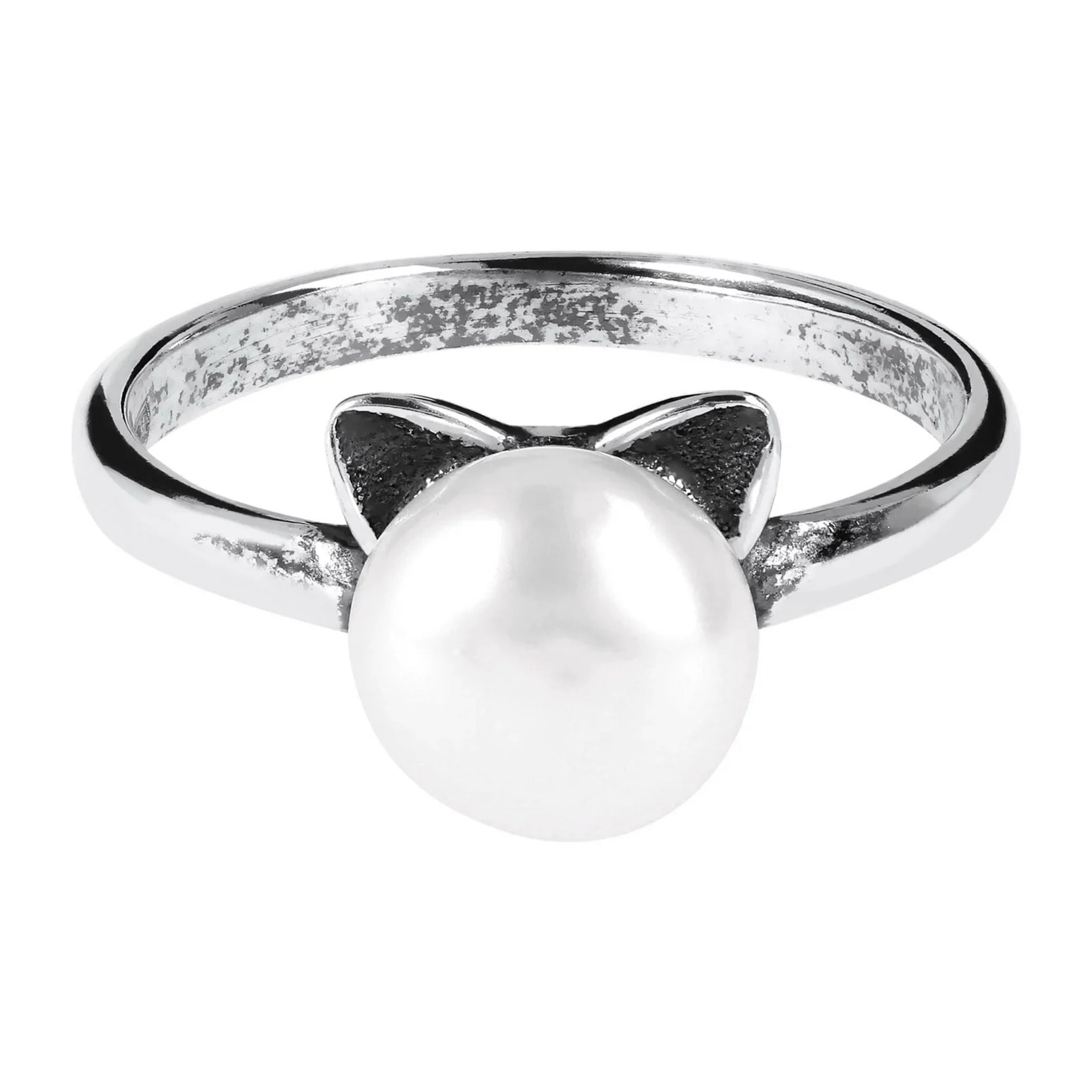 PERLAVIVA - Anello Solitario Gatto in Argento 925 placcato Rodio con Perla Bianca d'Acqua Dolce Ø8mm