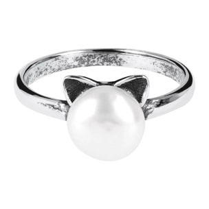PERLAVIVA - Anello Solitario Gatto in Argento 925 placcato Rodio con Perla Bianca d'Acqua Dolce Ø8mm