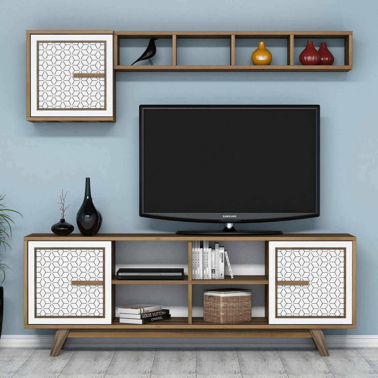 Mobile porta TV Djajal, Credenza da soggiorno, Armadio basso per TV, Base parete attrezzata, 160x35h56 cm, Noce e Bianco