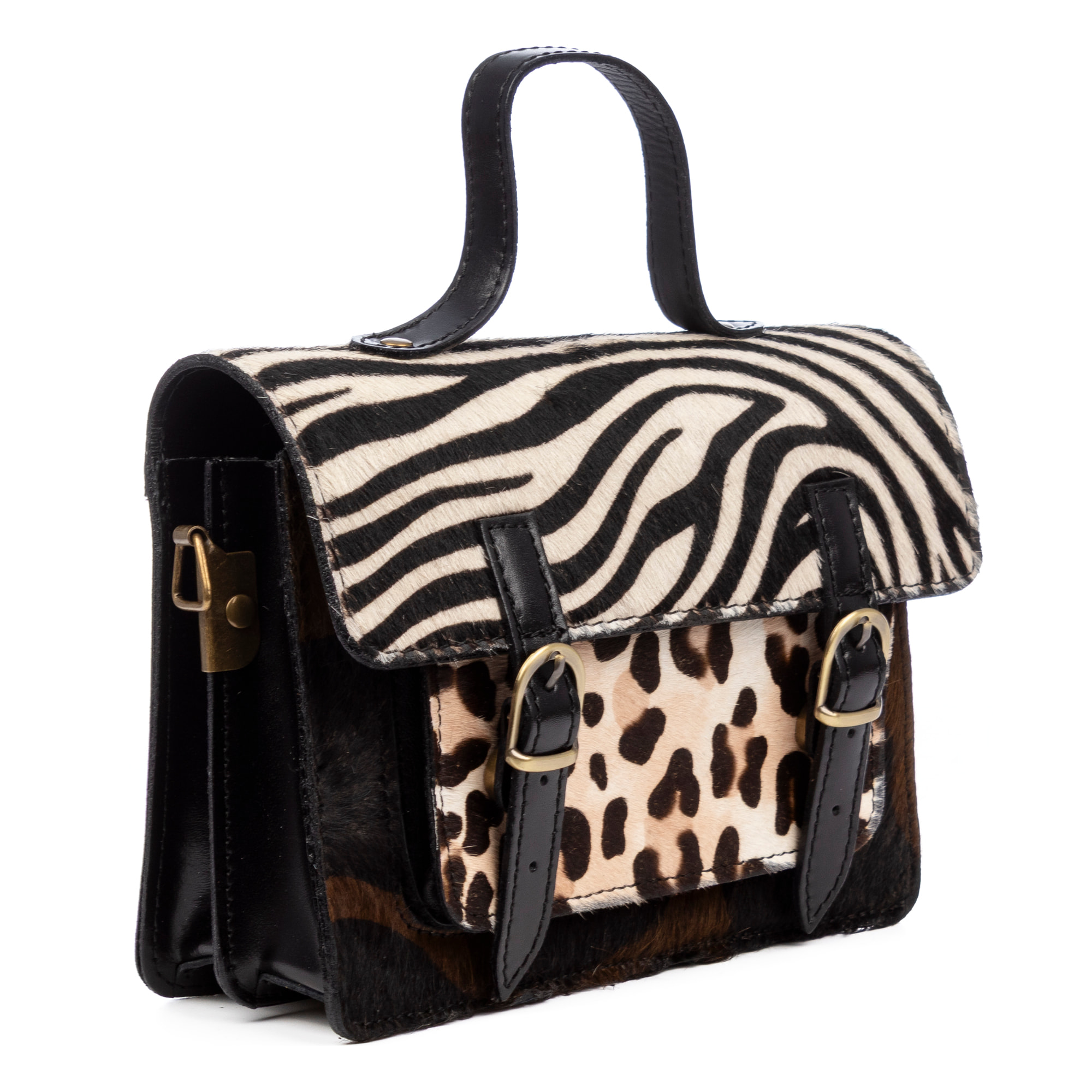 Assoro bolso Satchel con doble hebilla, piel auténtica Cavallino animal print.