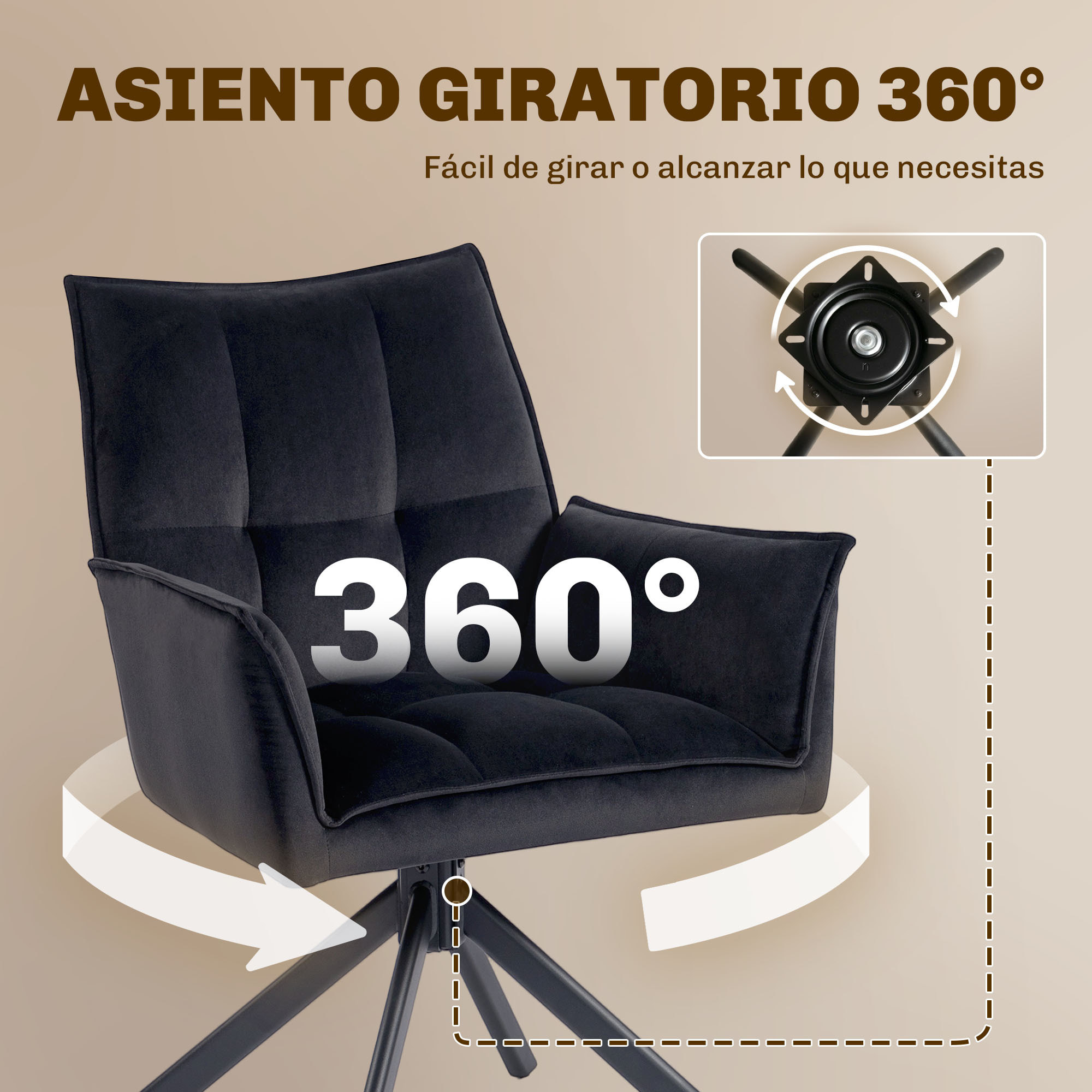 Juego de 2 Sillas de Comedor Giratorias 360°, Sillas de Cocina con Reposabrazos, Respaldo Acolchado, Tapizado en Terciopelo, Patas de Acero, para Oficina, Conferencia, Sala de Estar, Negro