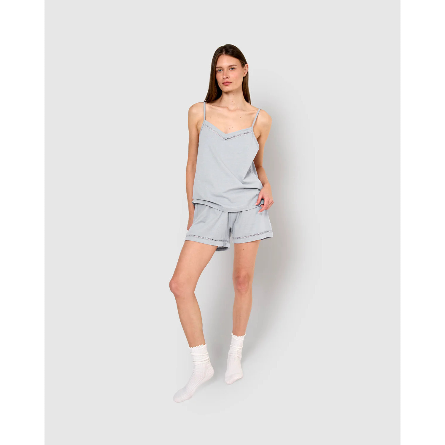Pigiama corto cotone sfilatura spalline celeste