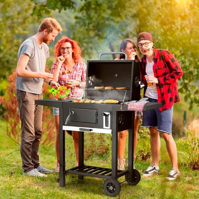 Barbecue portatile in ferro con vassoio per carboni regolabile in altezza e termometro.