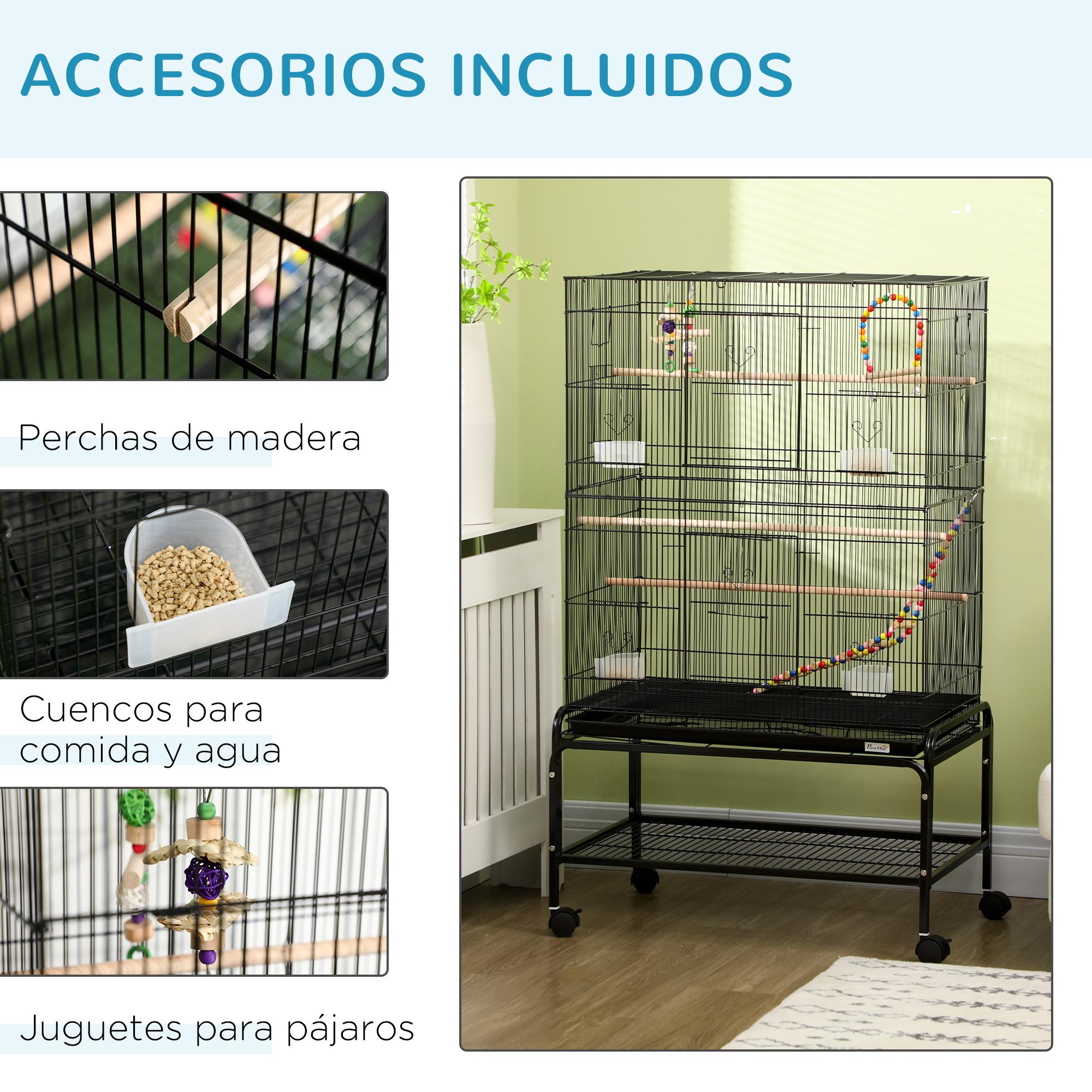 Jaula para Pájaros con Ruedas 79x49x133 cm Pajarera Metálico Jaula Grande con Soporte con 4 Comederos 3 Perchas Juguetes Bandeja Extraíble Estante para Canarios Periquitos Negro