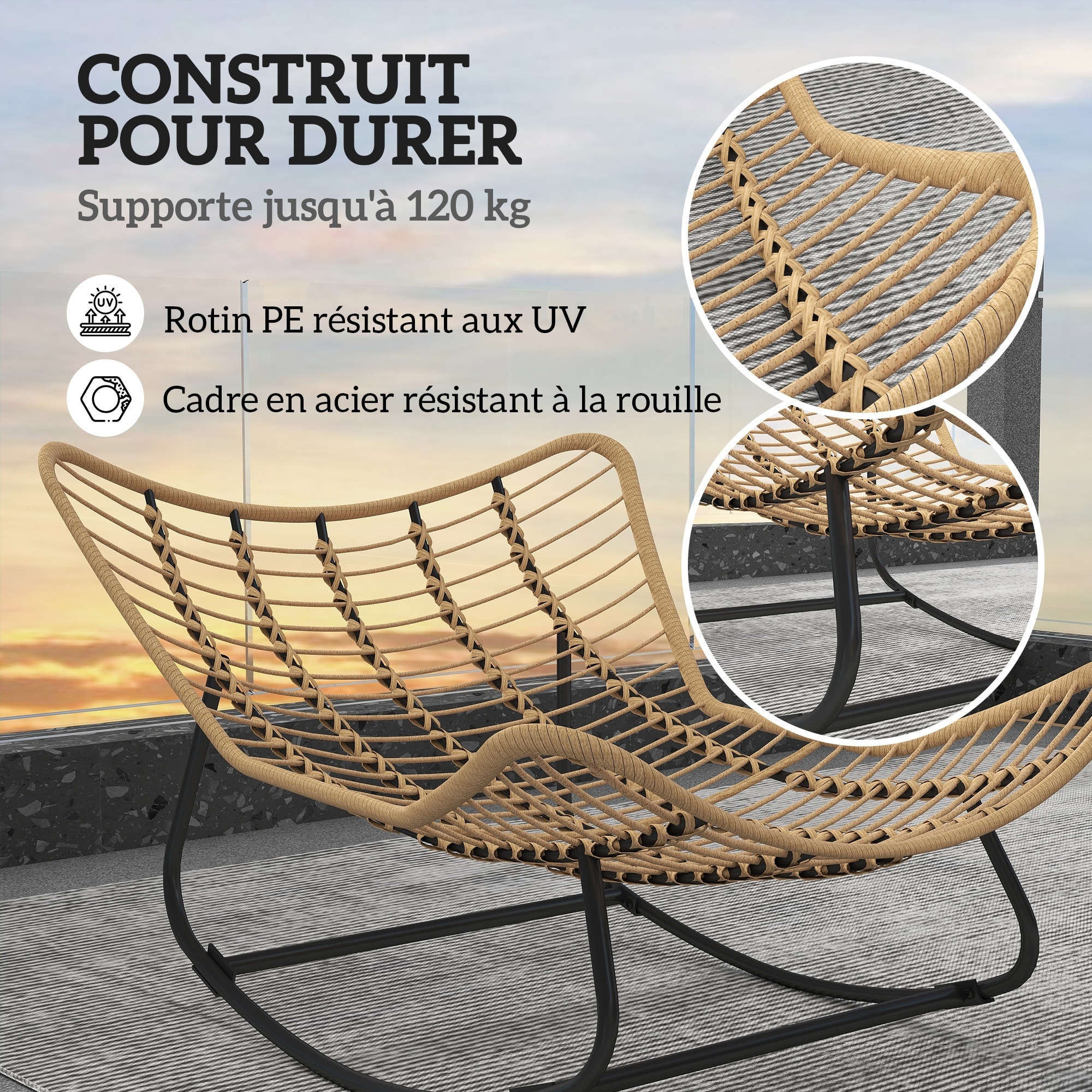 Fauteuil de jardin à bascule - fauteuil à oreilles - chaise à bascule - épais coussin capitonné crème