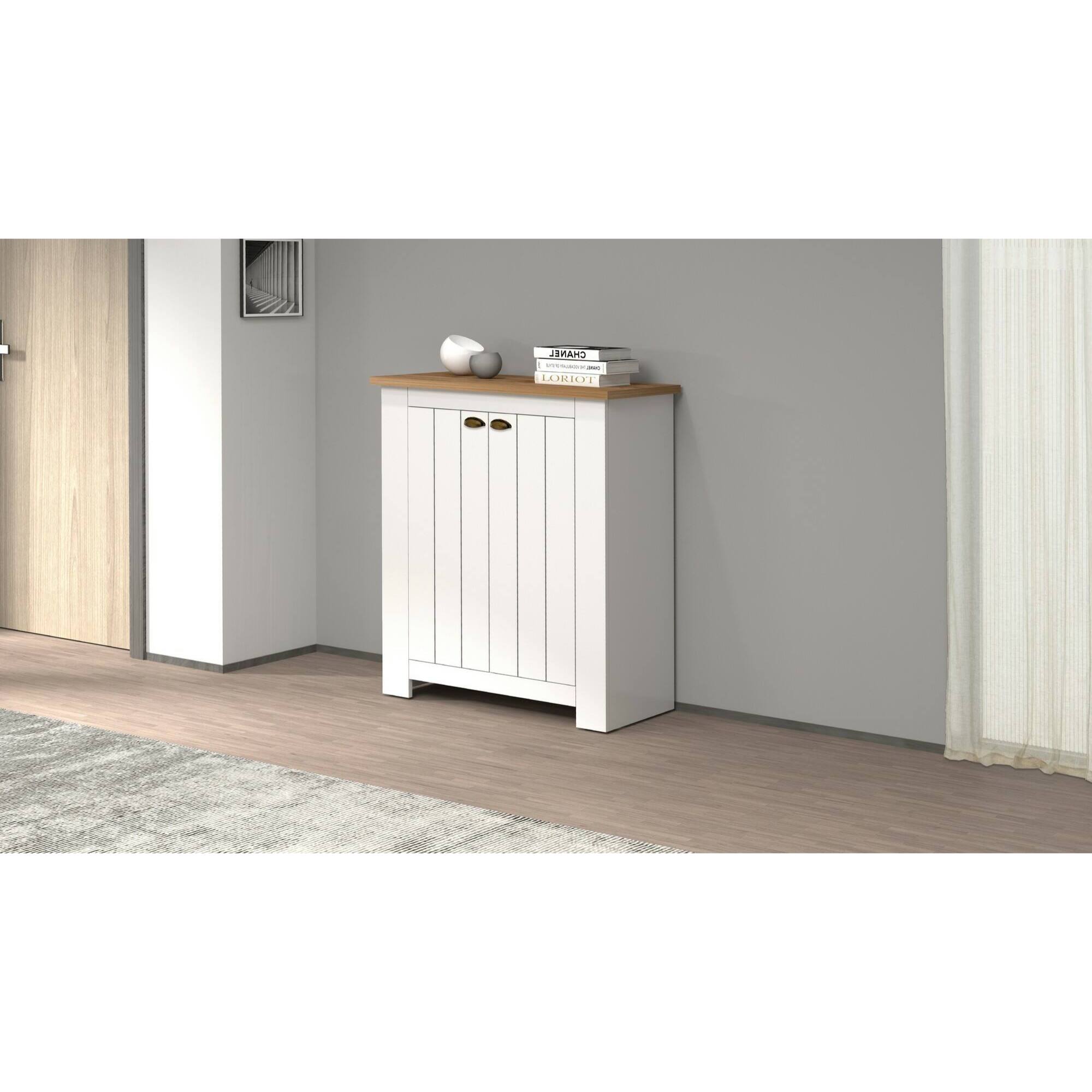 Scarpiera Dcittadin, Porta scarpe salvaspazio a 2 ante, Armadio multifunzione da ingresso, 84x42h100 cm, Bianco e Rovere