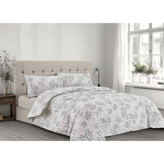 Parure Copripiumino in 100% Cotone Made in Italy Fiorato Disegno Sambuco Colore Perla