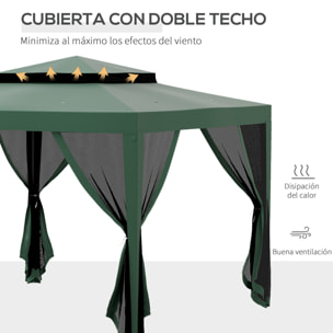 Carpa de Jardín 3x3 m Cenador Gazebo con 4 Mosquiteras Laterales Techo Doble 8 Orificios de Drenaje y Marco de Metal para Terraza Patio Exterior Verde