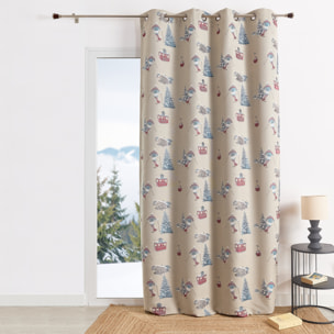 Rideau jacquard à œillets avec motifs skieurs et sapins - Lin