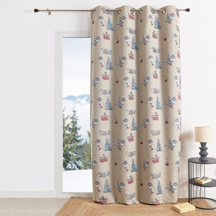 Rideau jacquard à œillets avec motifs skieurs et sapins - Lin