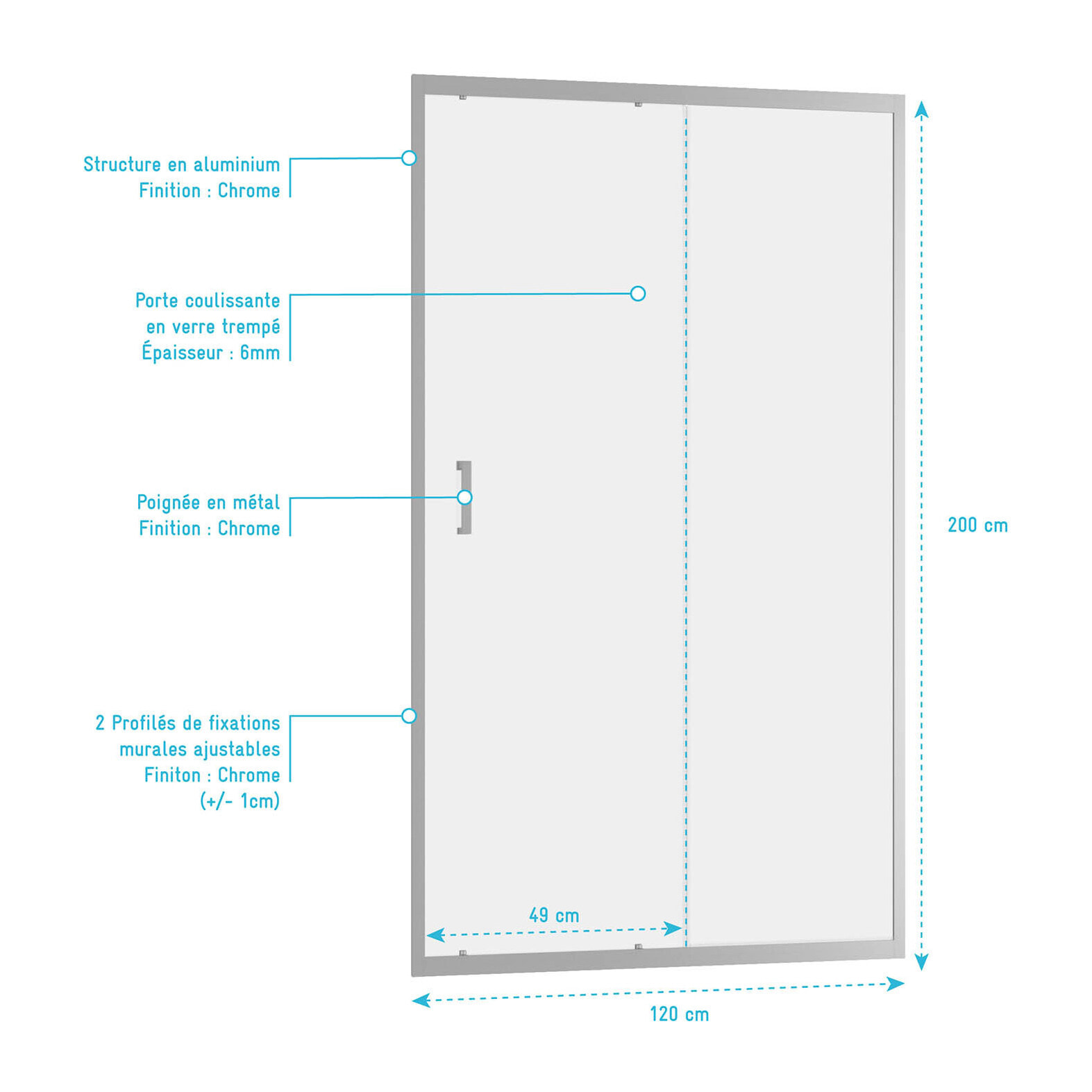 Porte de douche coulissante 120x200 cm - Verre transparent - Profilé Chrome - CHROMED CRUSH