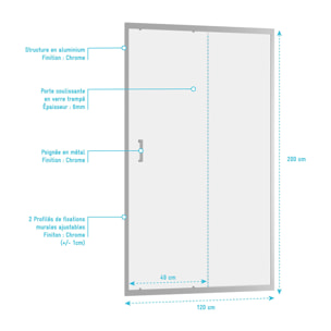 Porte de douche coulissante 120x200 cm - Verre transparent - Profilé Chrome - CHROMED CRUSH