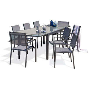 TOLEDE - Ensemble repas 8 places en aluminium anthracite et plateau verre