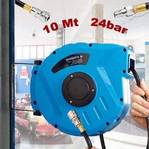 Avvolgitubo Aria Compressa Tubo Professionale Attacco 1/4" Fissaggio Parete Muro Sistema Blocco Automatico Riavvolgitore Pressione 24 Bar 10 + 1 Mt