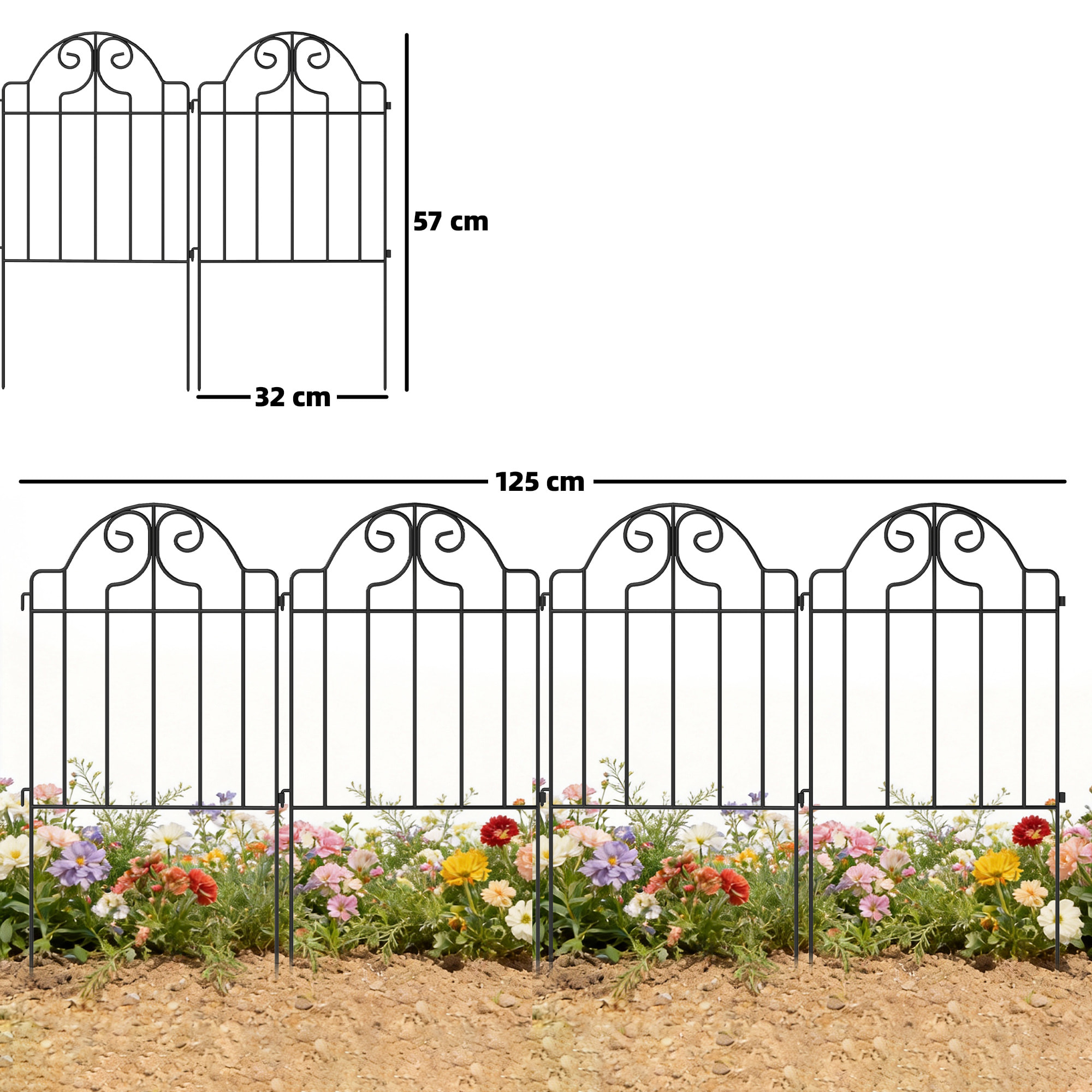Set de 4 Vallas de Jardín de Metal, 125x57 cm, Vallas de Jardín Exterior Decorativas con Diseño Arqueado, Resistente y Fácil de Instalar, para Huerto, Patio, Terraza, Césped, Negro