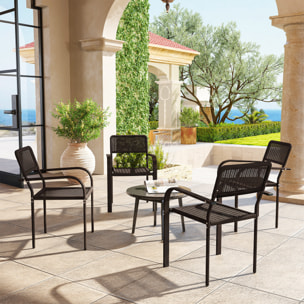 Juego de 4 Sillas de Jardín Exterior Apilables, Sillas de Comedor Exterior Efecto Ratán, con Reposabrazos, Marco de Acero, Resistente a la Intemperie y Ligero, 55x60x83 cm, Marrón Oscuro