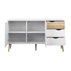 Credenza a due ante e tre cassetti, colore bianco e rovere, Misure 147 x 81 x 39 cm