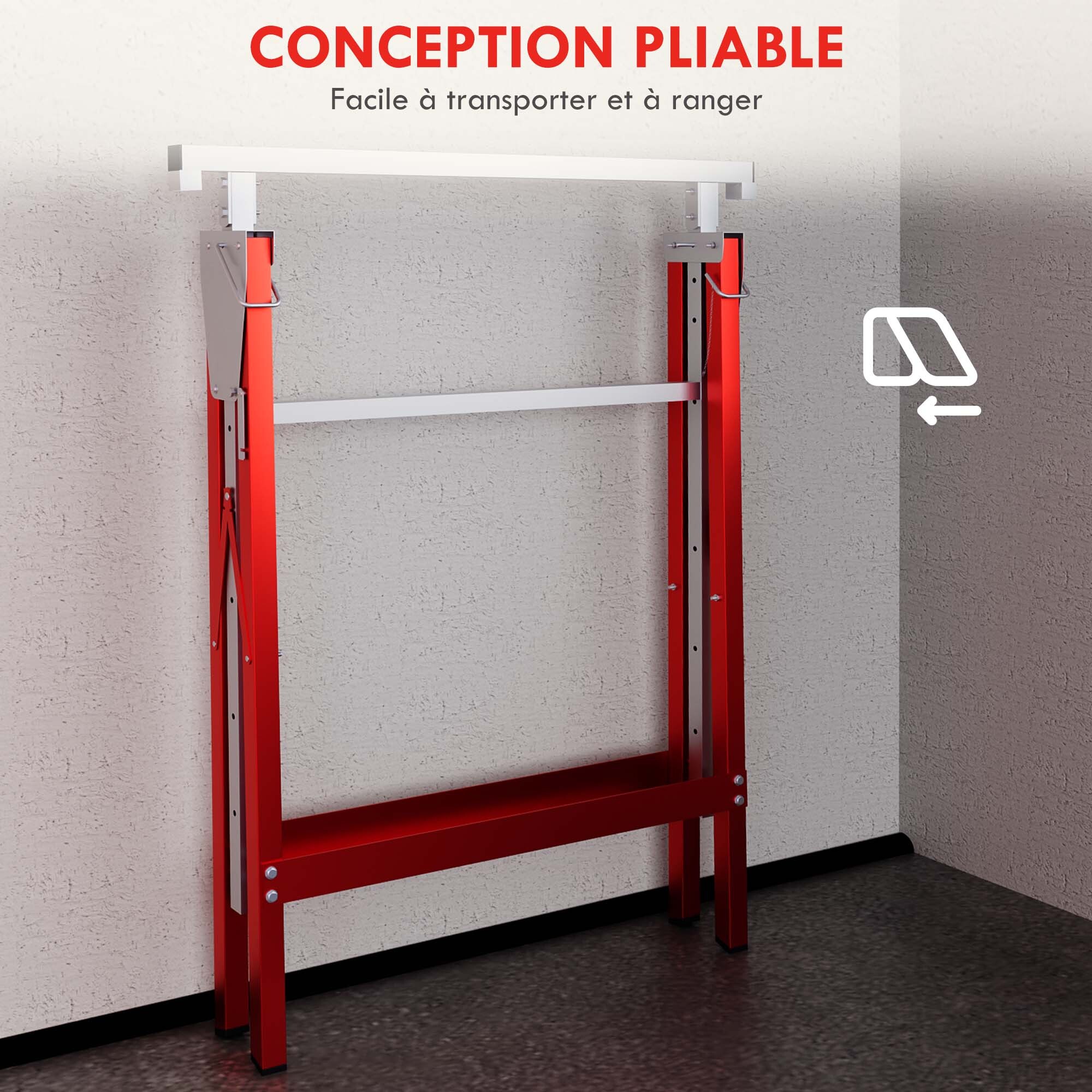 Lot de 2 tréteaux pliables télescopiques hauteur réglable 80-130 cm rouge