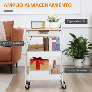 HOMCOM Carrito de Cocina con Ruedas Carro de Almacenamiento con Cajón Extraíble 2 Cestas y Frenos para Baño Salón Dormitorio 43,9x30,5x75,6 cm Blanco