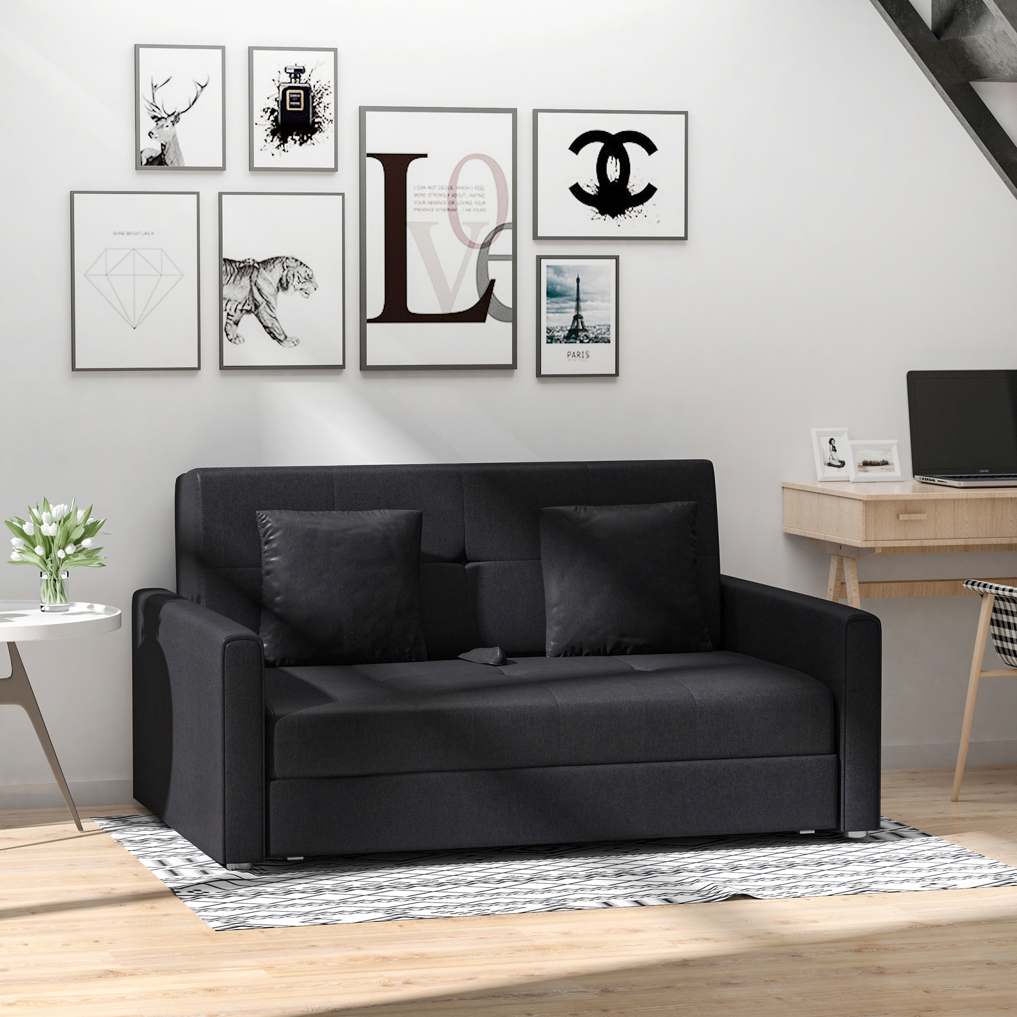 Canapé convertible 2 places canapé-lit clic clac 2 coussins inclus coffre de rangement intégré tissu anthracite