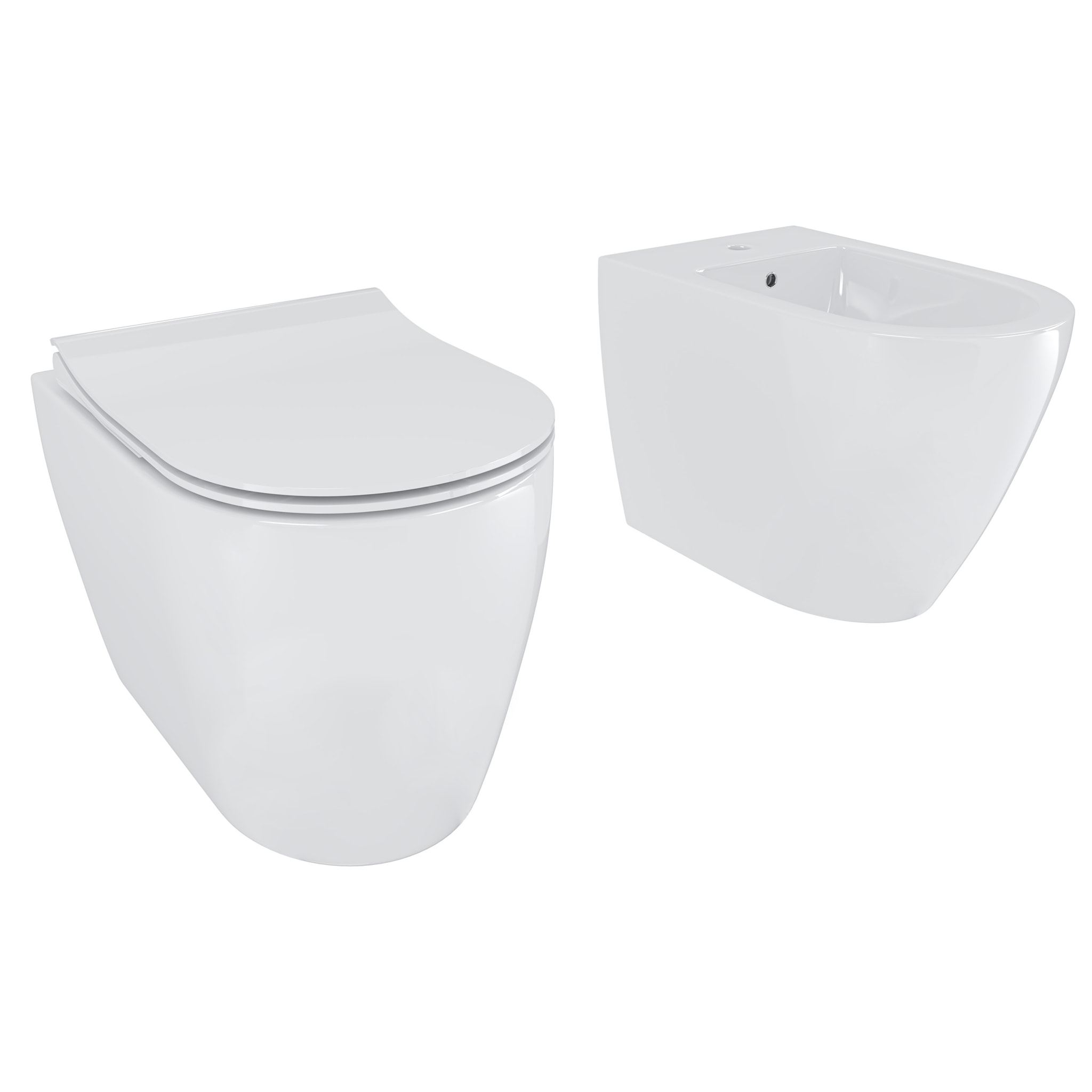 Coppia Sanitari Filomuro Filo Muro Vaso WC Rimless Senza Brida E Bidet Design Moderno In Ceramica Copriwater Chiusura Soft Close Rallentata Bianco