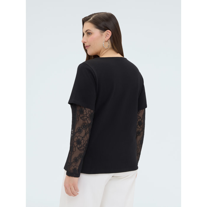 Fiorella Rubino - Camiseta con mangas y escote de encaje - Negro
