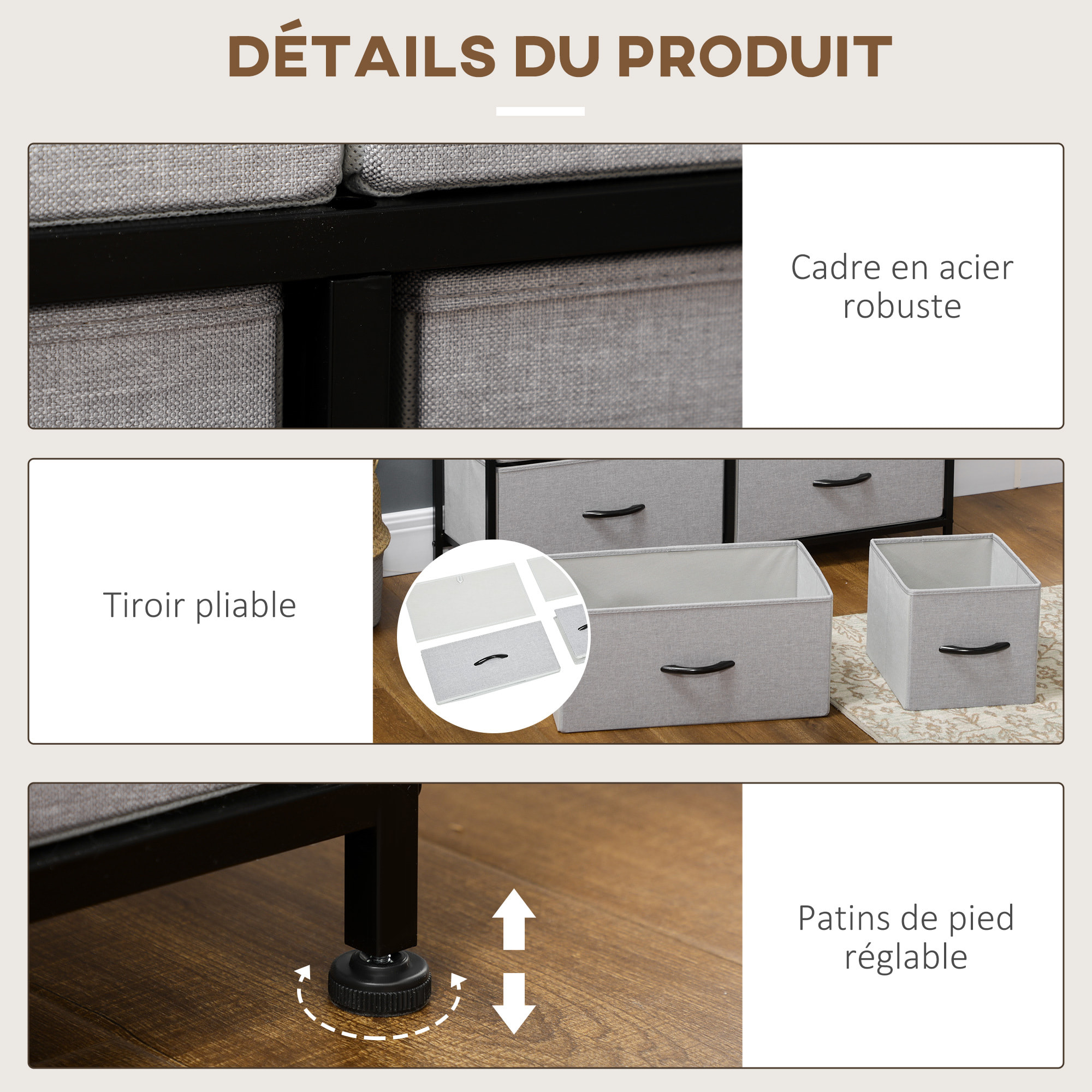 Commode meuble de rangement 8 tiroirs - dim. 100L x 30l x 78H cm - structure acier noir tissu pliant gris