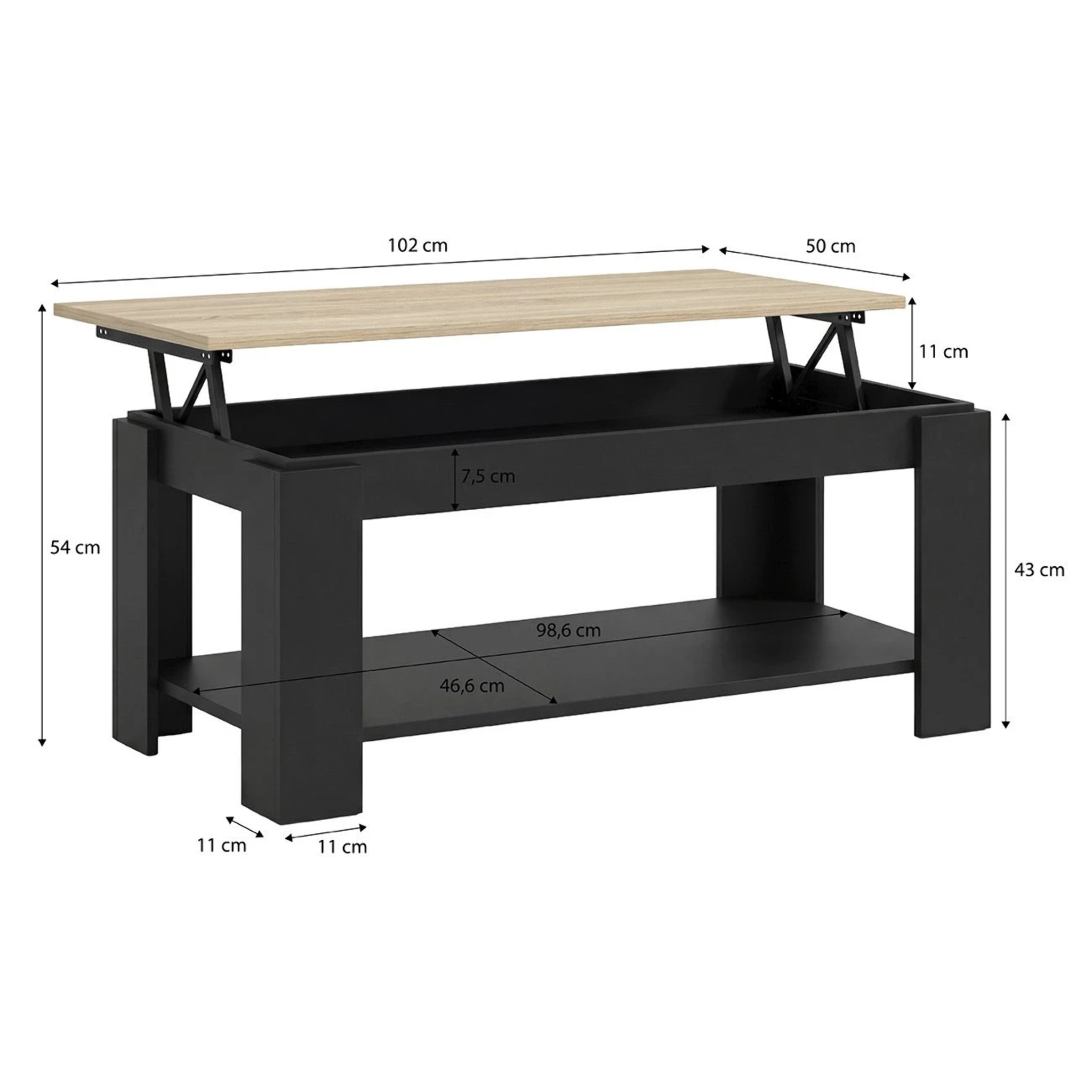 Mesa de centro elevable con almacenaje en negro mate y roble canadian 102x43-54 cm Lya Negro Mate - Roble Canadian