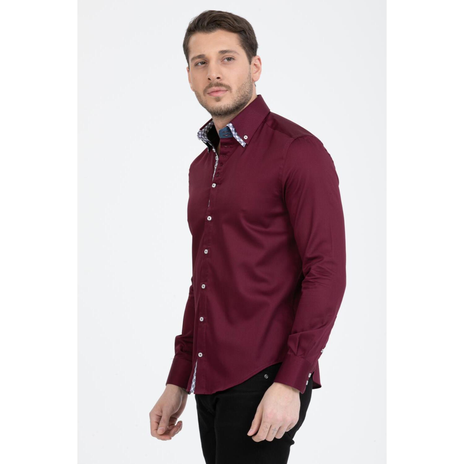 Camicia Uomo 2 Bottoni Button Down 7bottoni Doppio Coll Satin Unito Bordeaux