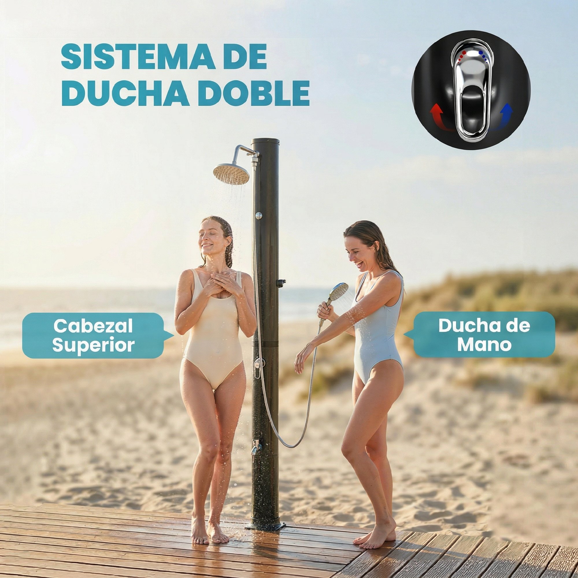 Ducha Solar de Jardín 40L Ducha Solar Exterior con Cabezal Rociador de Mano Grifo de Pies Agua Fría y Caliente Máx. 60 °C Conexión Manguera para Piscina Camping Patio 19,5x19,5x218,5 cm Negro