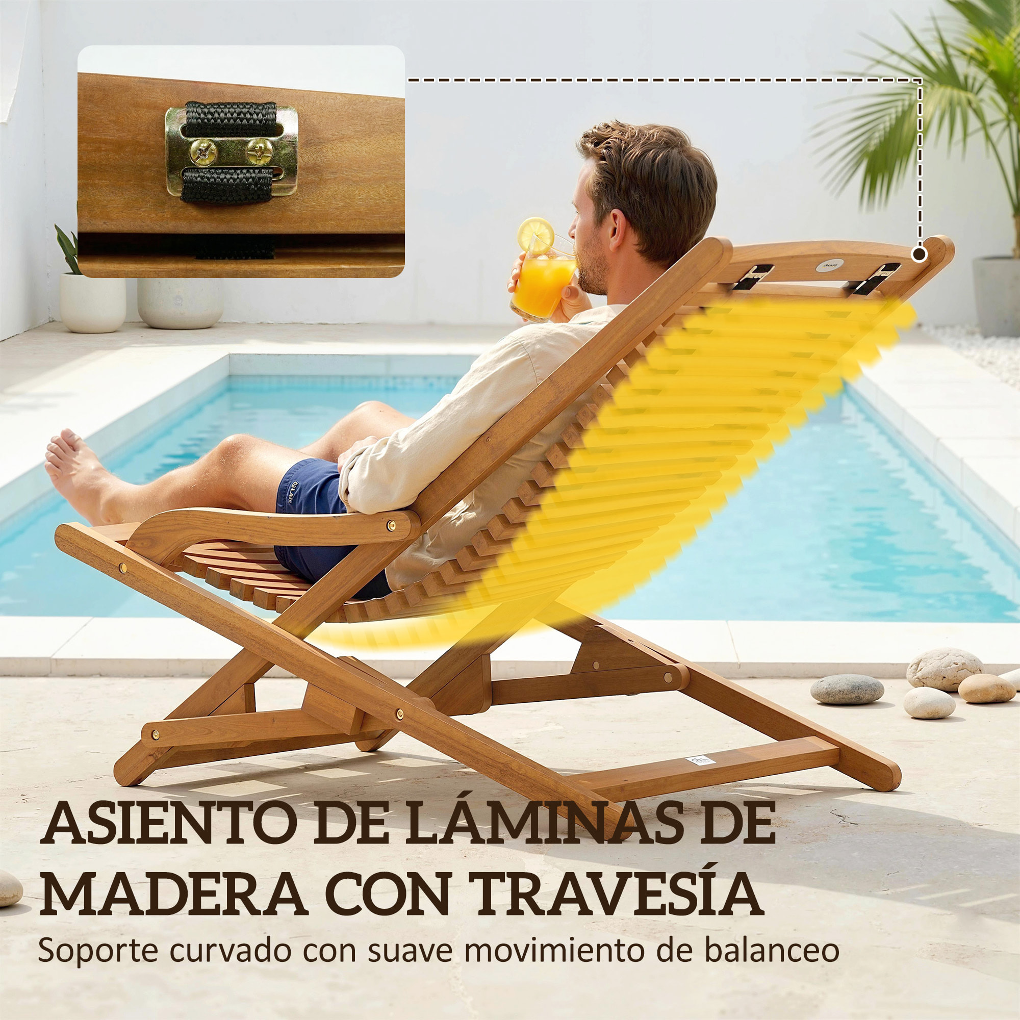 Tumbona Silla Plegable de Madera de Acacia, Silla de Jardín Exterior con Reposapiés Desmontable y Cojín con Reposacabezas, Carga 160 kg, para Terraza, Patio, Playa, 158x61x70 cm, Beige