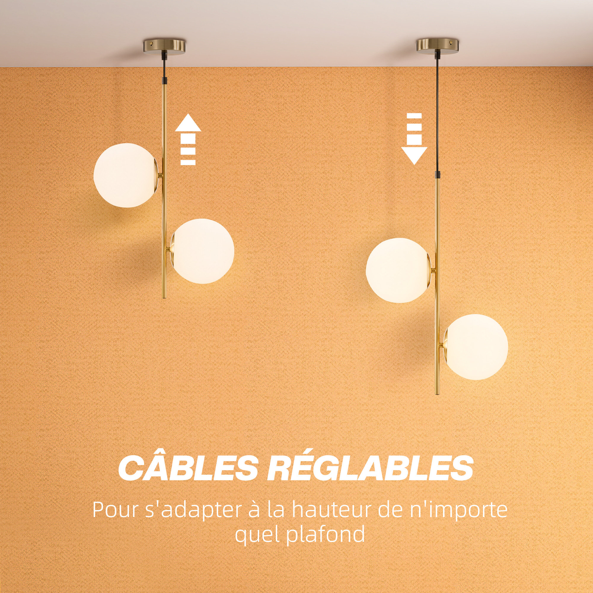 Suspension design néo-rétro 2 globes verre blanc opaque max. 40W métal doré