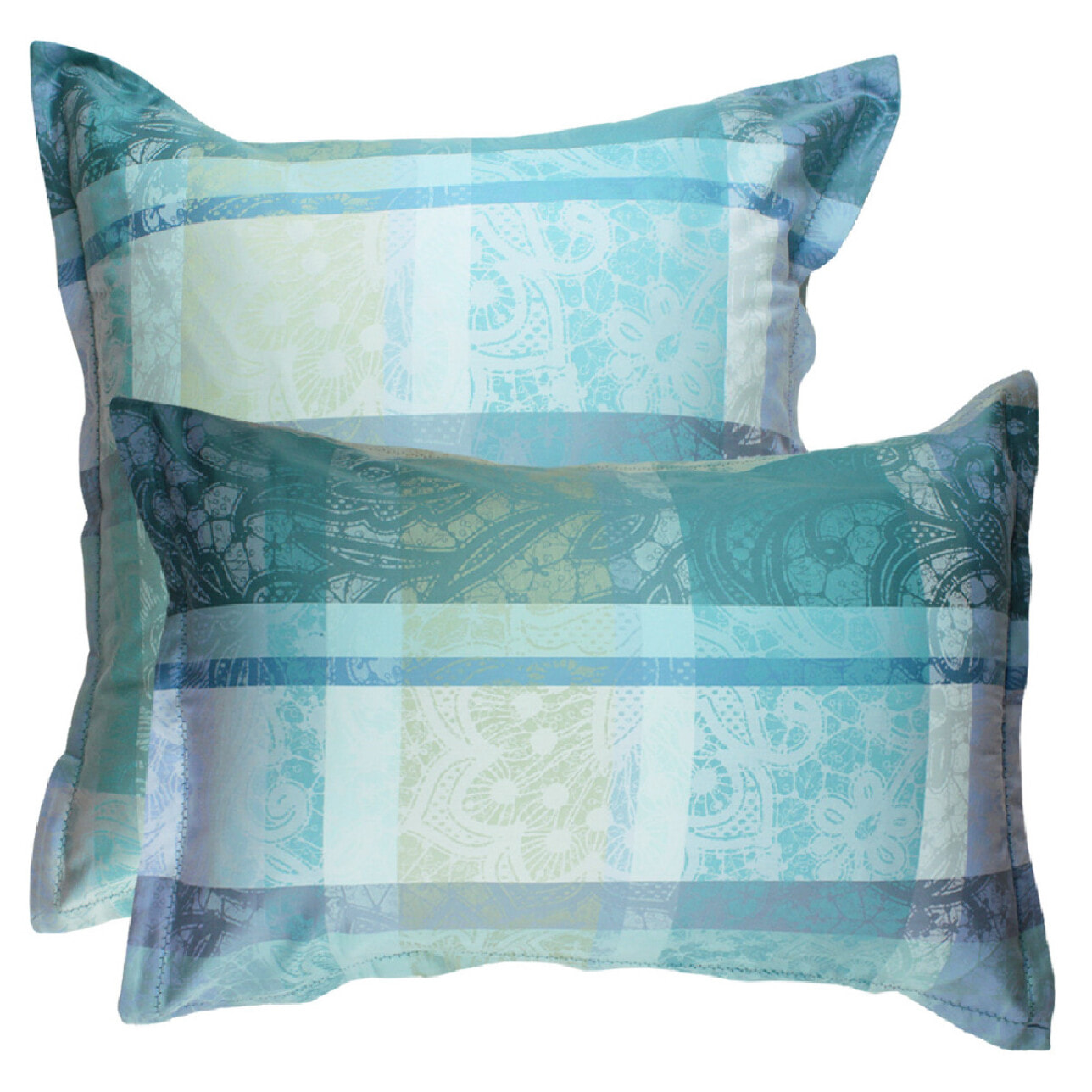 Taie d'oreiller satin de coton motif jacquard bleu Mille dentelles turquoise