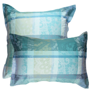 Taie d'oreiller satin de coton motif jacquard bleu Mille dentelles turquoise