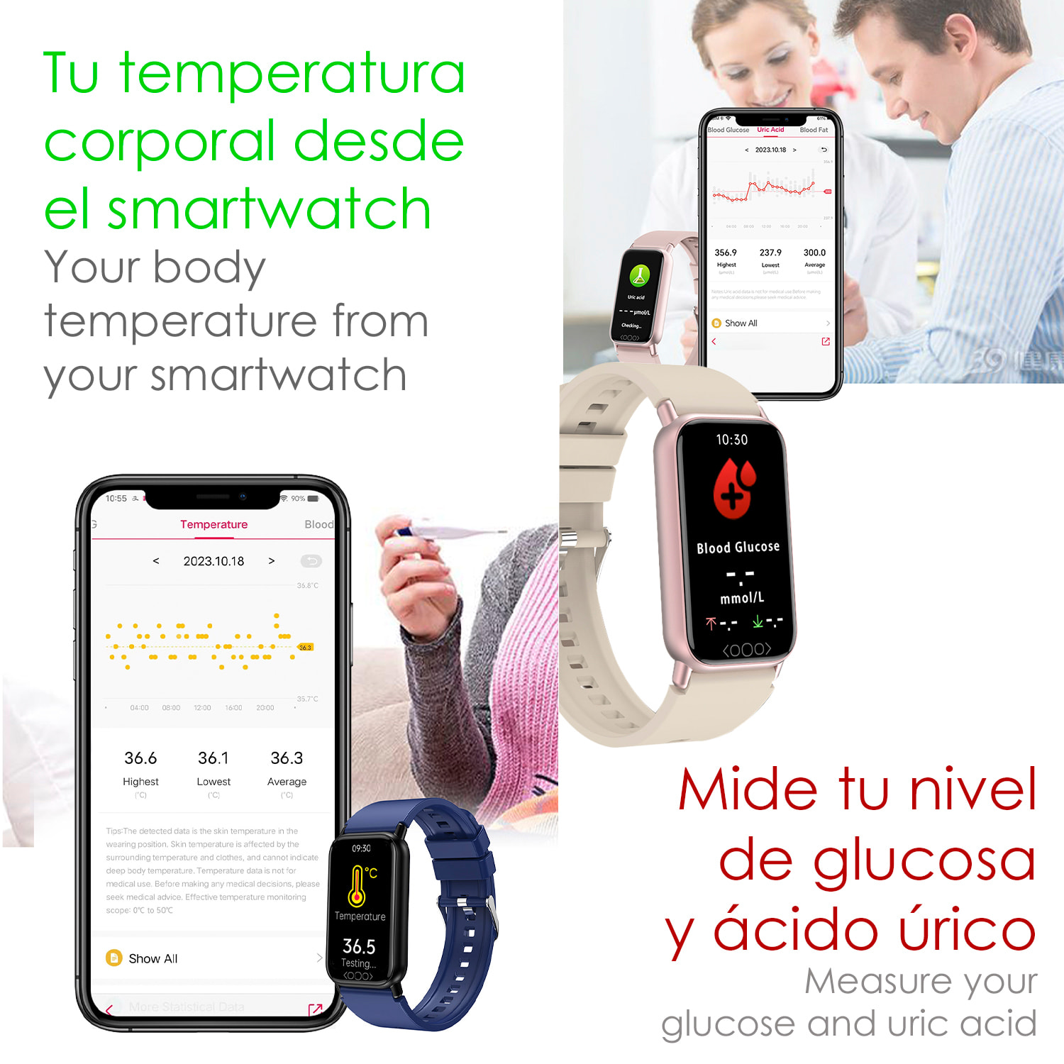 Bracciale intelligente TK72 con temperatura corporea; misuratore di glucosio, acido urico, cardiaco e pressione arteriosa.